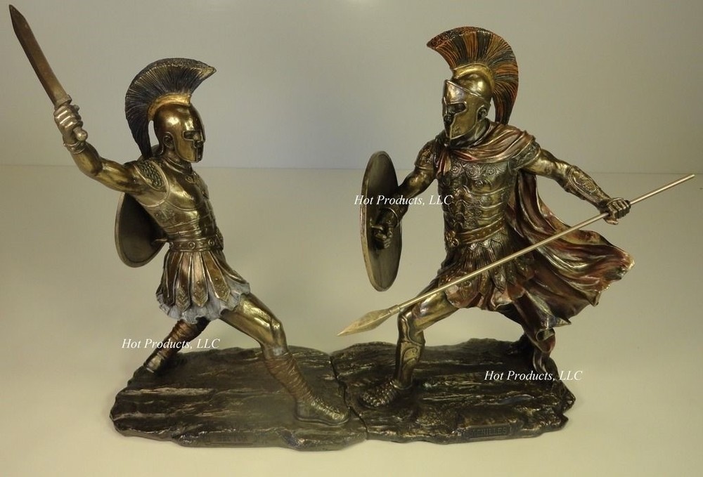 Achilles vs Hector Battle of Troy Greek Mythology Statue Set Bronze Finish-image