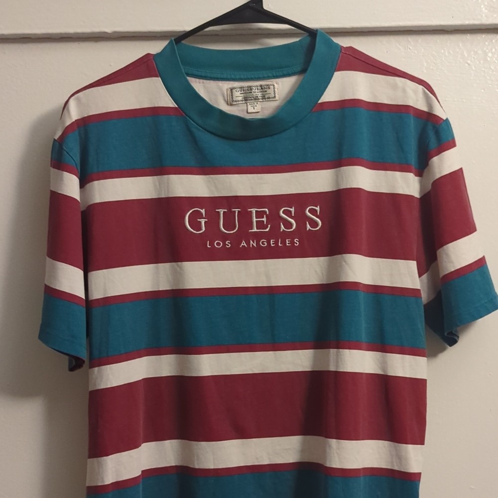 GUESS Jeans Men's Striped Embroidered Logo Crewneck T-Shirt Multicolor S