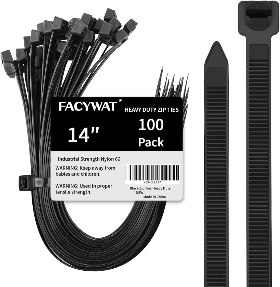 Heavy Duty Black Zip Ties 14 Inch 100 Pack 200 LB Tensile Strength Outdoor Use