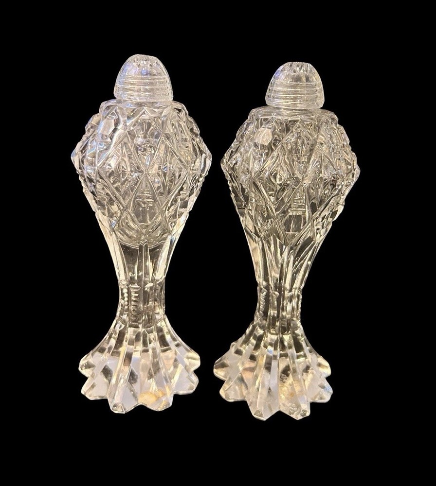2pc Set Vtg Beautiful Tall Cut Glass Bohemia Crystal Salt & Pepper Shakers 7.5”