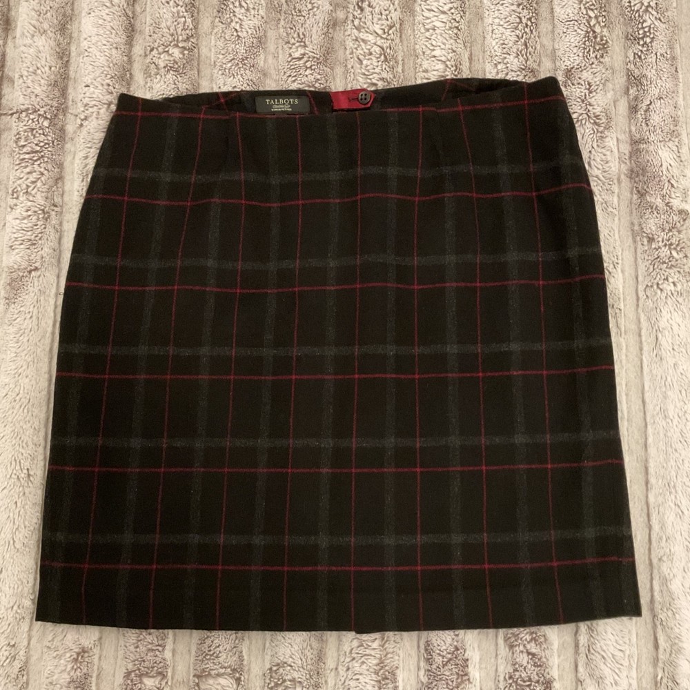 Talbots Black And Gray Plaid Wool Blend A Line Skirt Career Lined Size 16 WP
