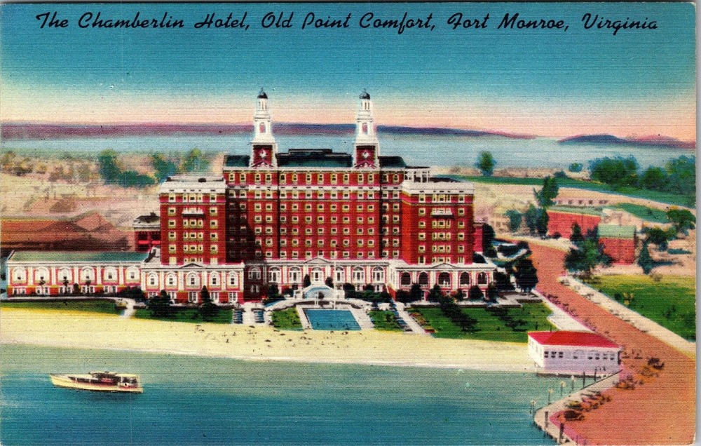 Fort Monroe VA-Virginia, Chamberlin Hotel, Aerial, Vintage Postcard