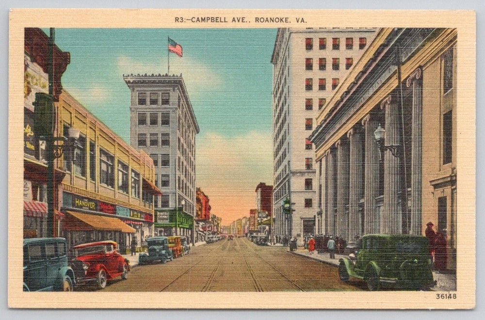 Campbell Ave Roanoke VA Linen Postcard Vintage Cars Street Scene Asheville PC Co
