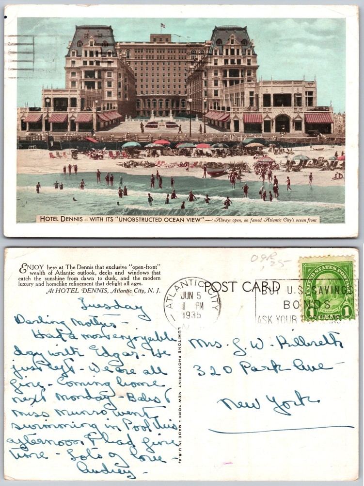 Hotel Dennis Atlantic City NJ Ocean View Beach Crowd Postcard