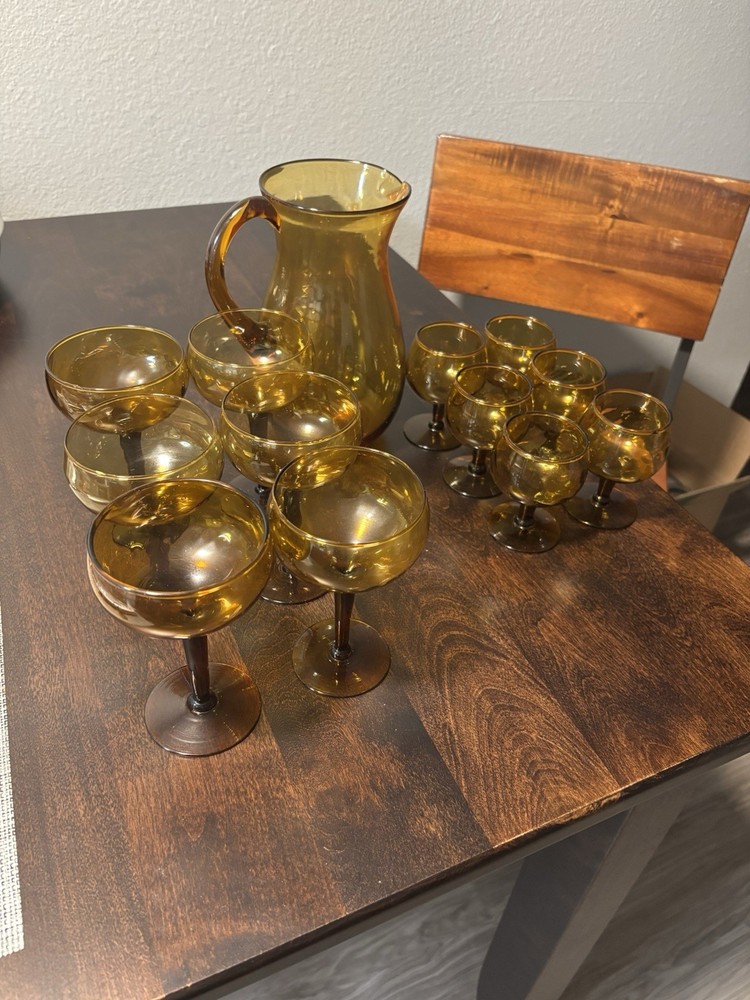 Vintage Amber Hand Blown Glass Ware Set With Pitcher.Includes 6 Coupe And 6 Sipping Copita Glasses.