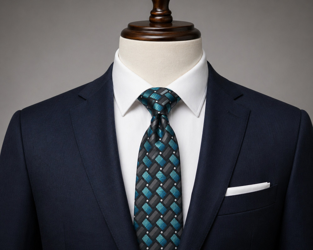 John Ashford Silk Necktie Blue Teal Gray Geometric Pattern Classic Men’s Tie