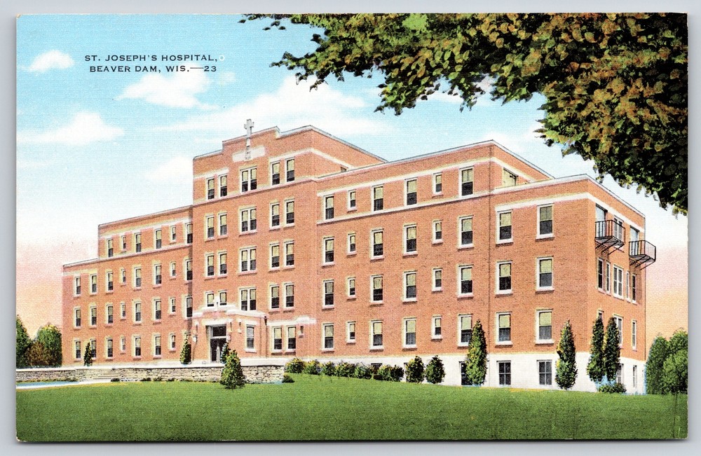 Beaver Dam Wisconsin~Front of St Josephs Hospital~Vintage Linen Postcard
