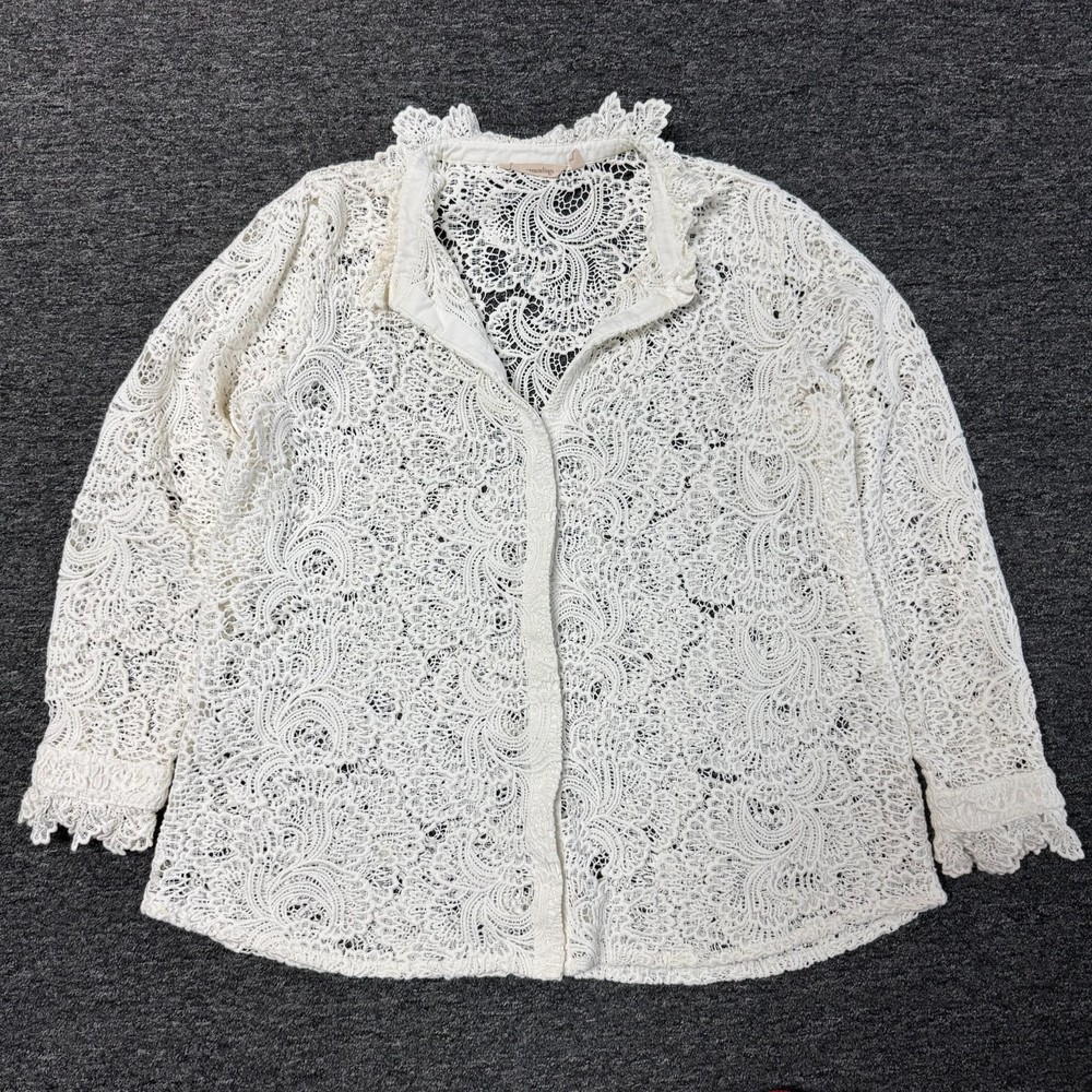 Soft Surroundings Button Lace Crochet Top Sz XL White Coastal Cottage Cotton