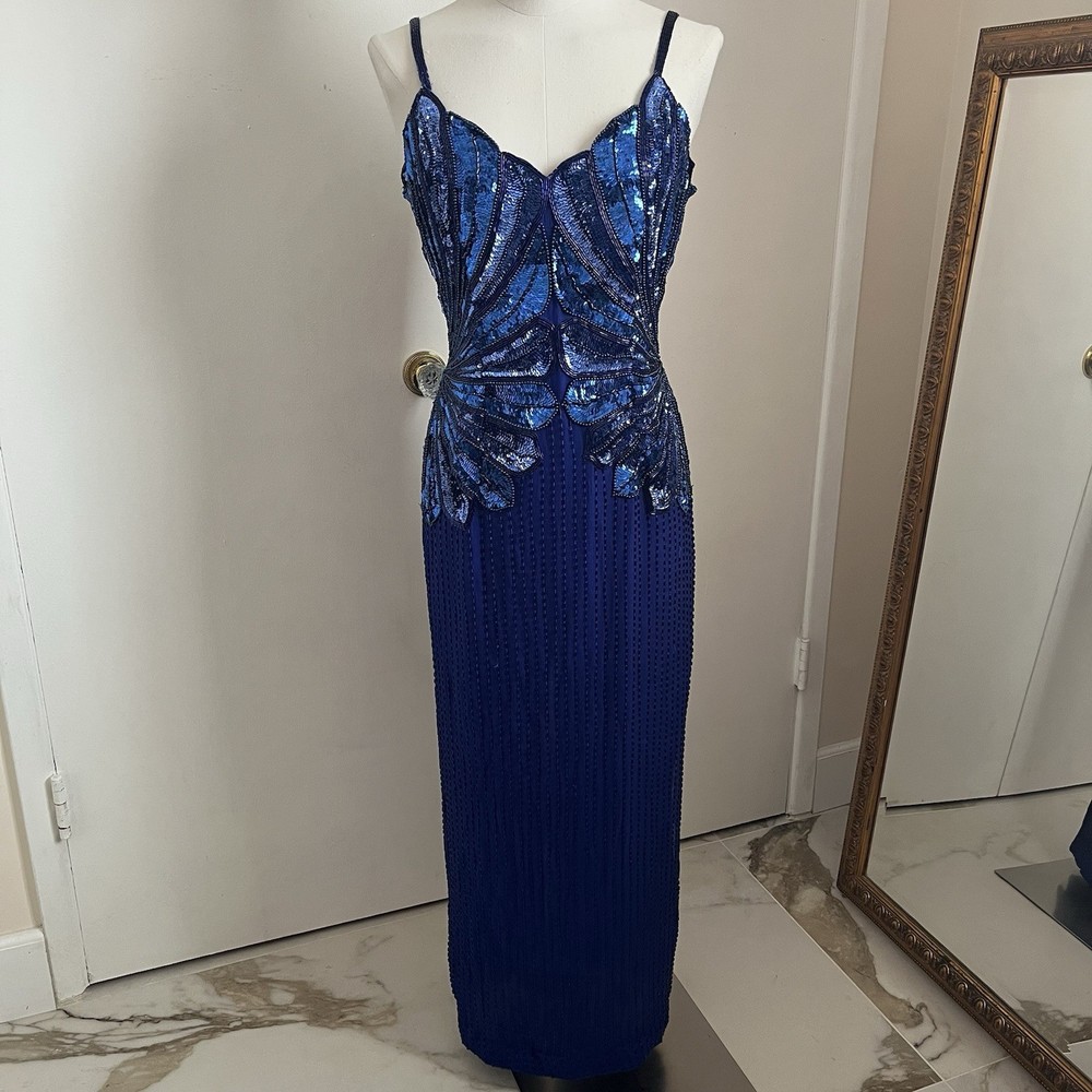 Stenay Vintage Blue Silk Beaded Maxi Dress Size 4