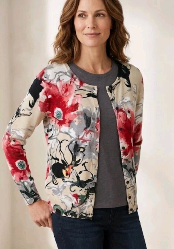 Joseph A Sweater Cardigan Size M Button 3/4 Sleeve Floral Rayon