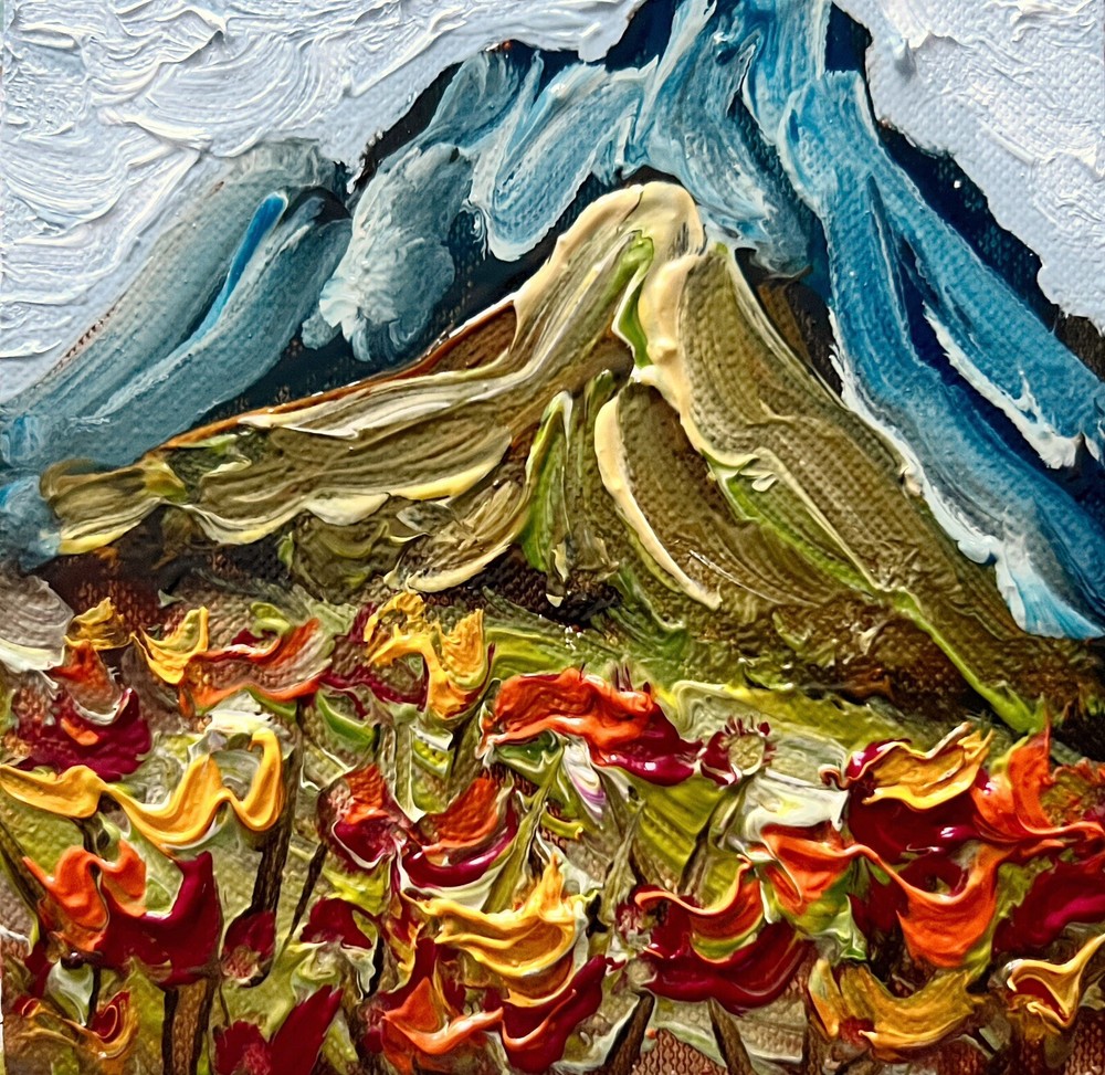 Meadow Valley Oil Painting Miniature Canvas Mountains Wildflowers Landscape Art