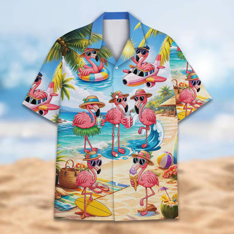 Tropical Flamingo Hawaii Shirt Summer Beach Vacation Aloha Men Women