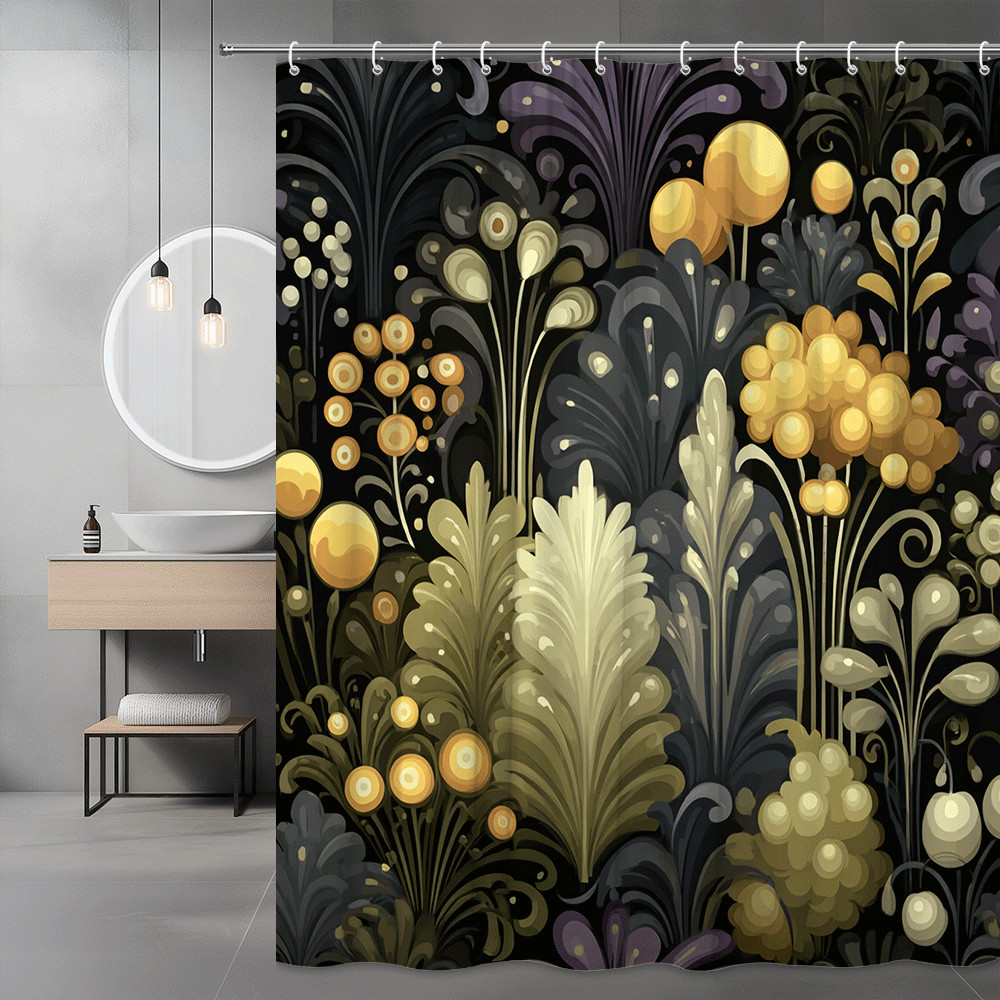 Abstract Floral Shower Curtain Black Gold Botanical Print