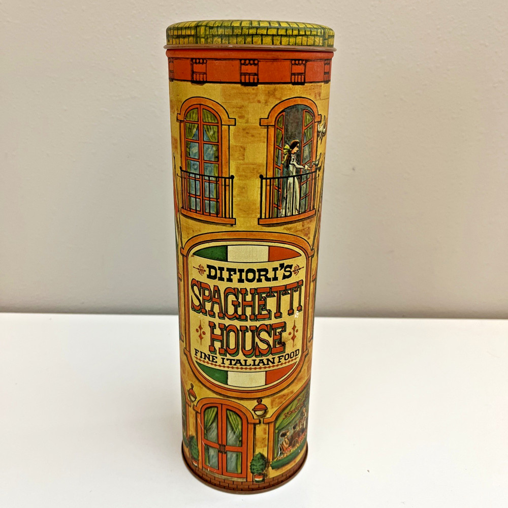 Vtg DiFiori's Spaghetti House Fine Italian Food Spaghetti Tall Tin Canister 1979