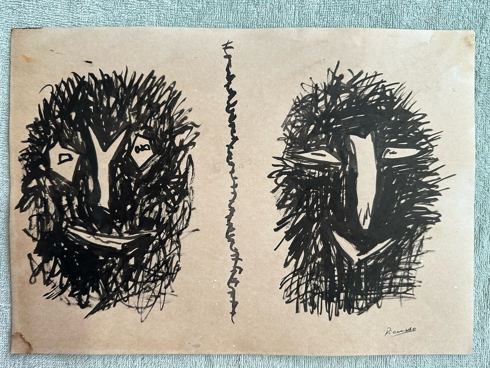 PICASSO drawing and painting on old paper signed stamped vintage