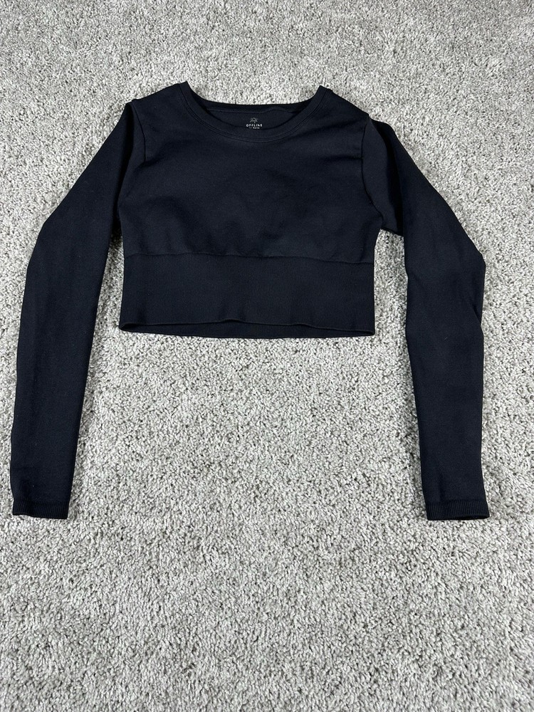 Offline By Aerie Cropped Compression Top Size XS Black Long Sleeve