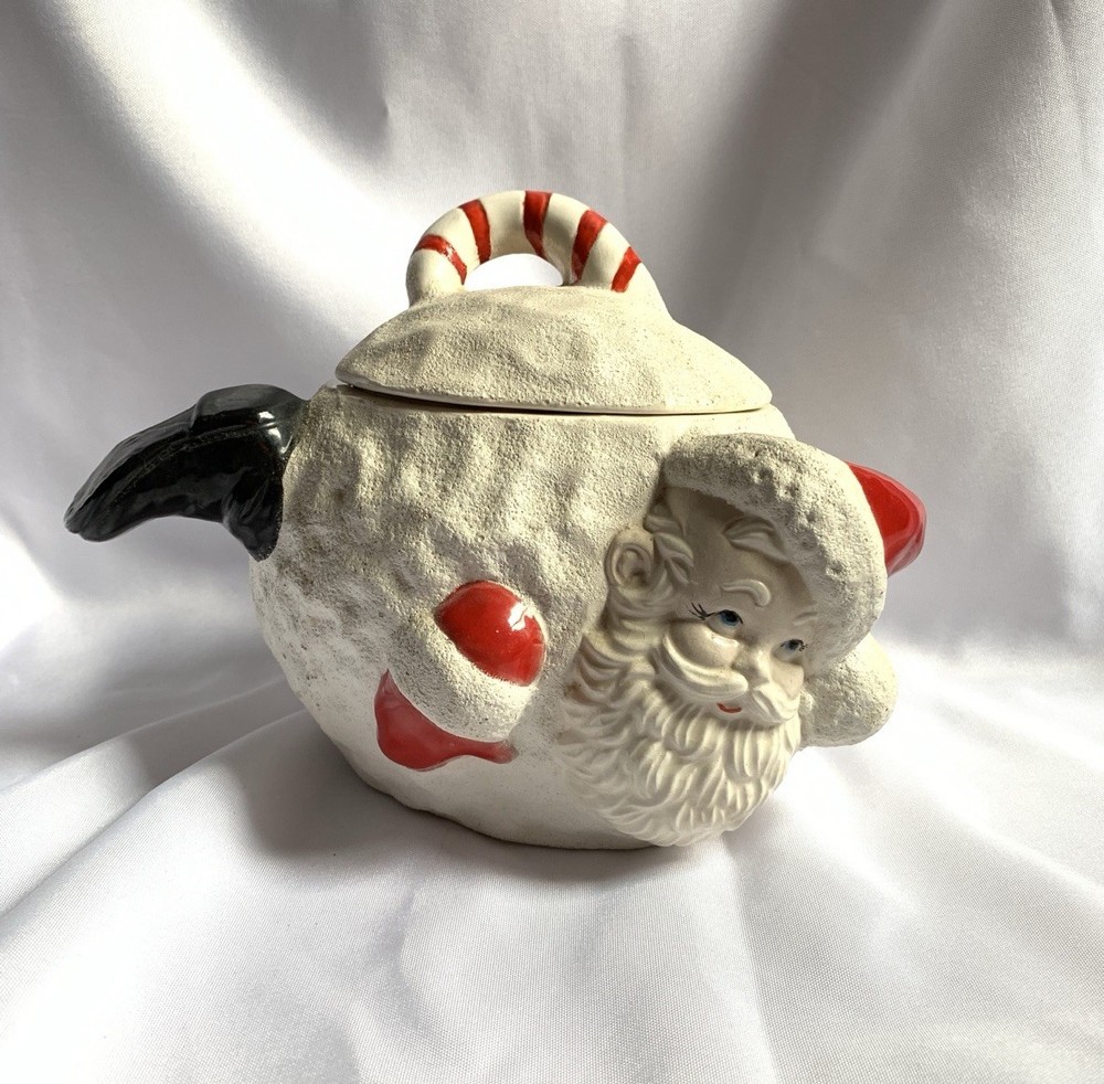 Vintage Ceramic Snowball Santa Cookie Jar Candy Dish Red White Textured Signed