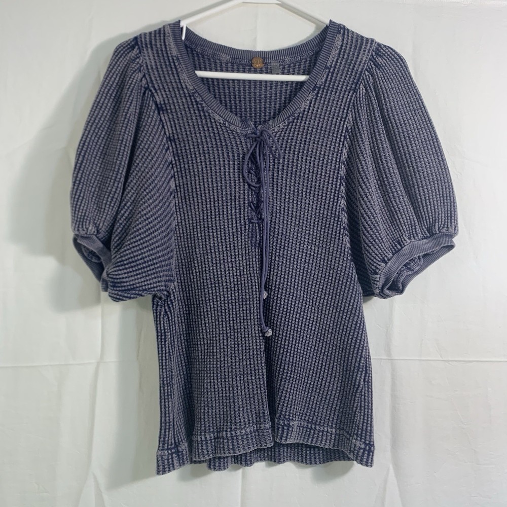 Free People FP One Hayden Waffle Thermal Cotton Top Puff Sleeve Knit Women’s Med