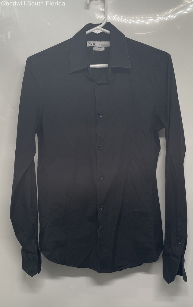 Zara Mens Black Long Sleeve Super Slim Fit Collared Button-Up Shirt Size S