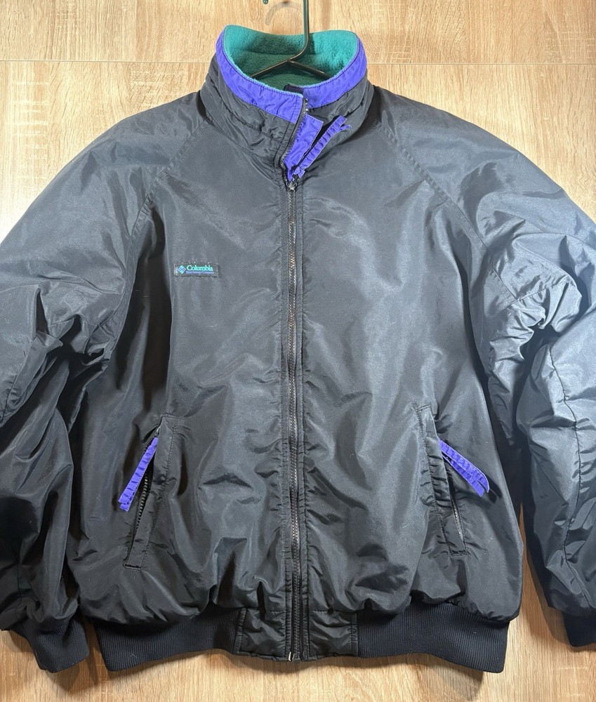 Vintage 90s Columbia Radial Sleeve Jacket Mens L Black Teal Purple Fleece Lined