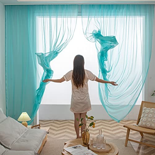 Window Lake Blue Sheer Voile Curtains 90 Inch Length 2 Panels Light Filtering