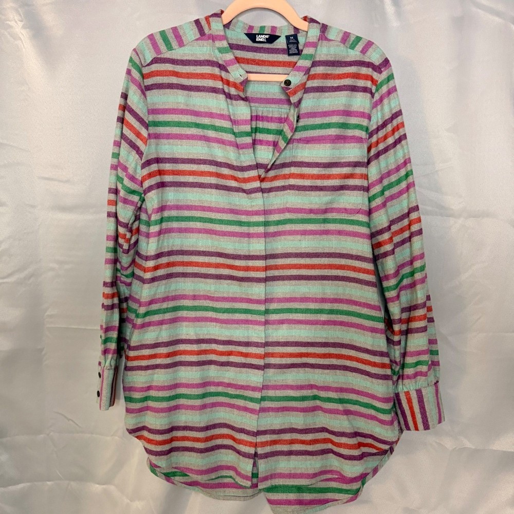 Lands End Womens Flannel Tunic Shirt Band Collar Multi Stripe Size M 10-12