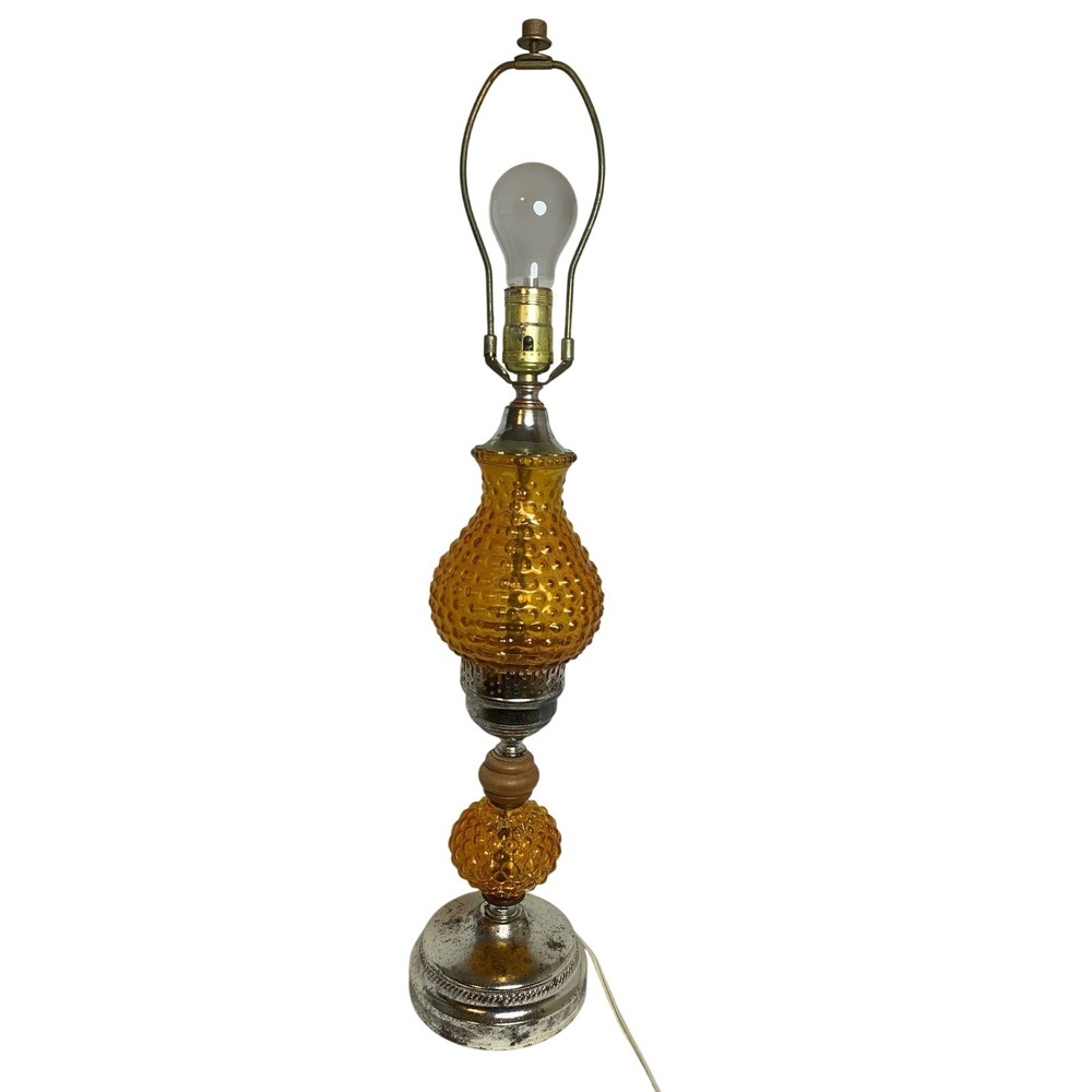 Vintage Amber Hobnail Glass Table Lamp Mid Century Modern Silver Base Retro MCM