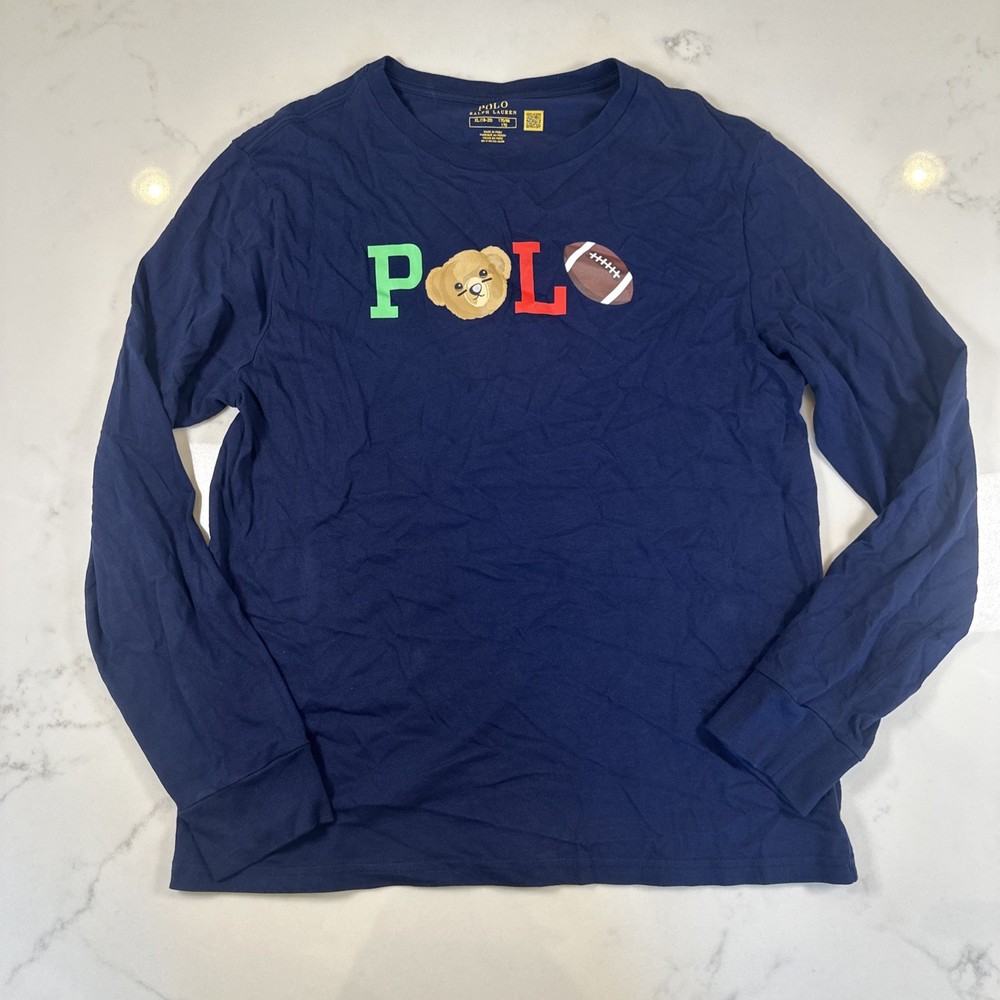 Polo Ralph Lauren Boys Xl 18-20 Navy Polo Bear Football Longsleeve