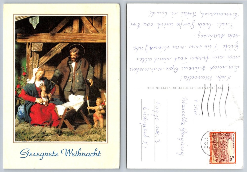 Vintage Christmas Nativity Scene Postcard Austria to Hungary Posted German