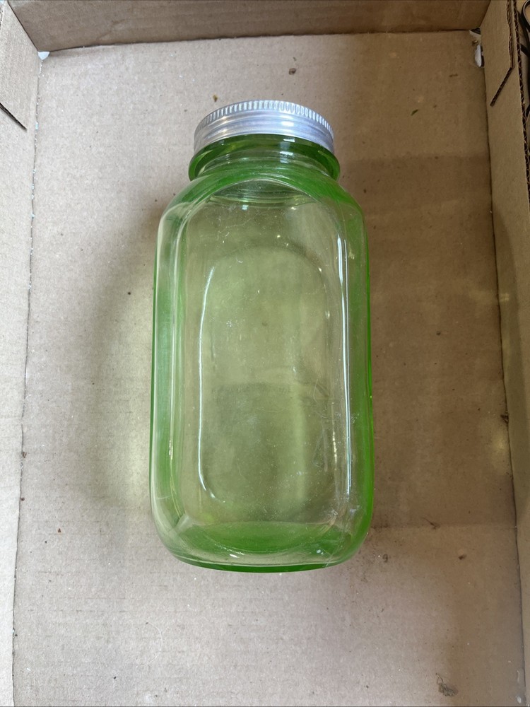 Rare Vintage Green Paneled Uranium Glass 8”Spice Jar With Lid Depression Era