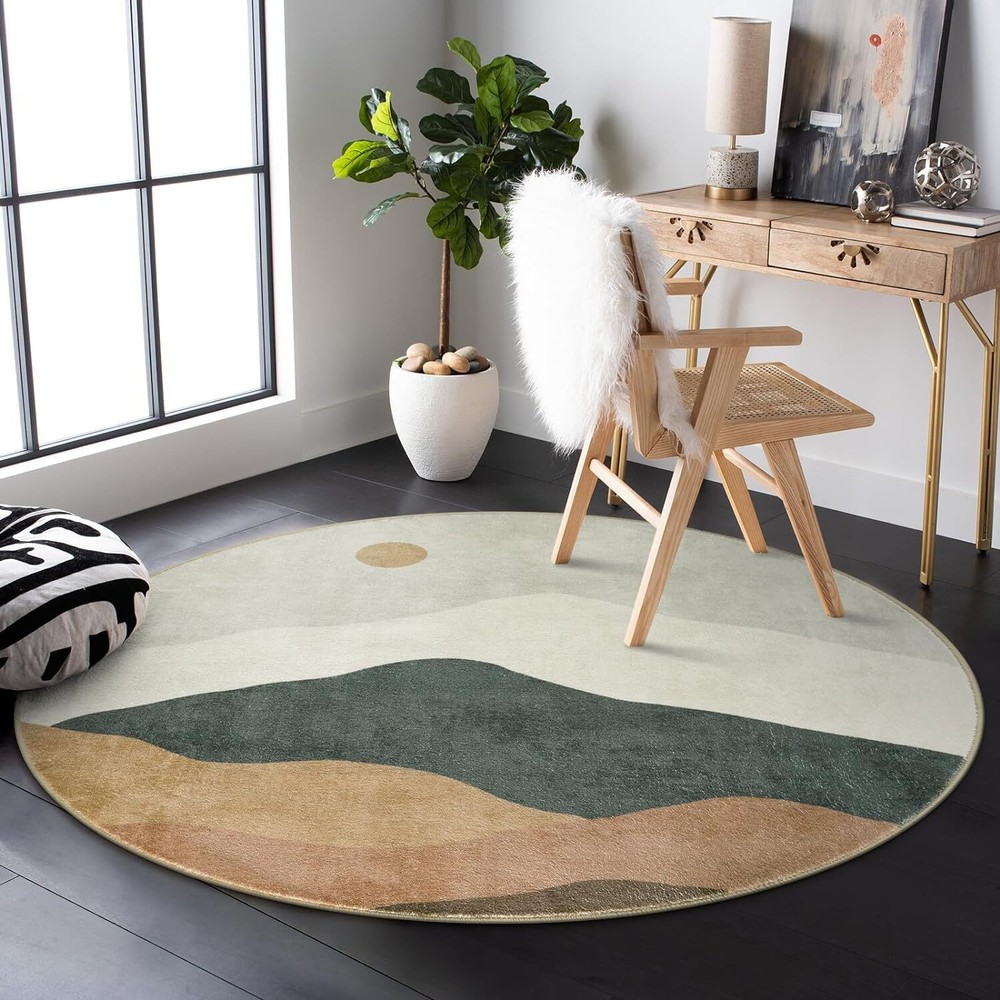 Soft Faux Wool Abstract Round Rug 3ft Washable Farmhouse Style-image
