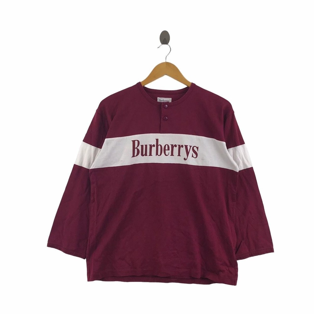 Vtg 90’ BURBERRY LONDON Stock Logo Henley Sweater Rainbow Long Sleeve Shirt