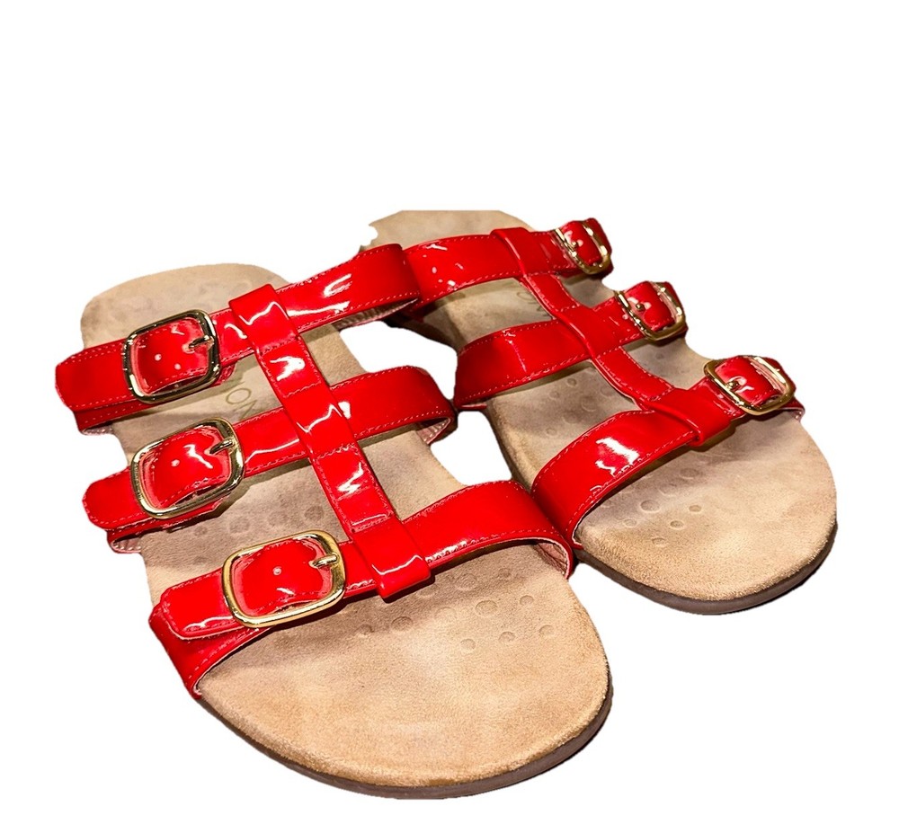 Vionic Misa Strappy Red Patent Leather Slides TVW5135 Sandals Shoes Wms 8US 39EU
