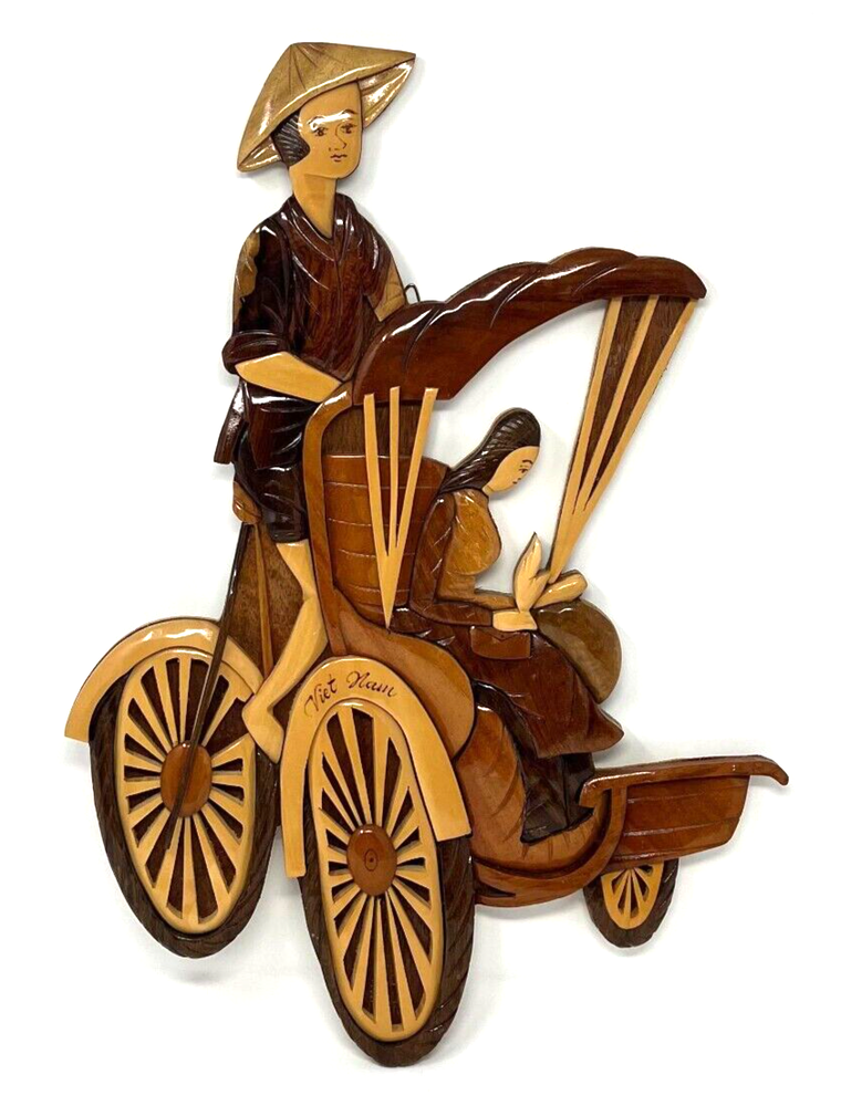 Vietnam “Rickshaw Couple” Woodcraft Wall Decor Souvenir Collectable Carved Piece