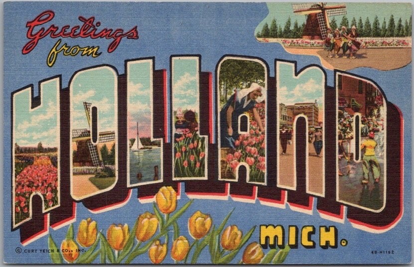 Vintage HOLLAND Michigan Large Letter Postcard Tulips / Curteich Linen c1944