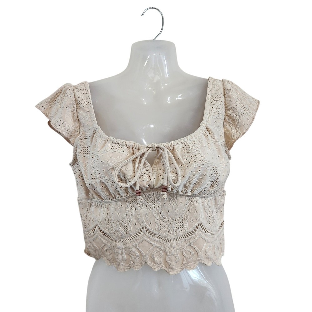 Urban Romantics Floral Eyelet Cropped Peasant Top Beige Small  