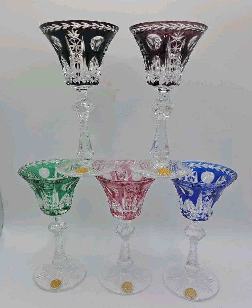 5 Bleikristall Crystal Cordial/ Liquor Glasses Vintage Multicolor Cut To Clear
