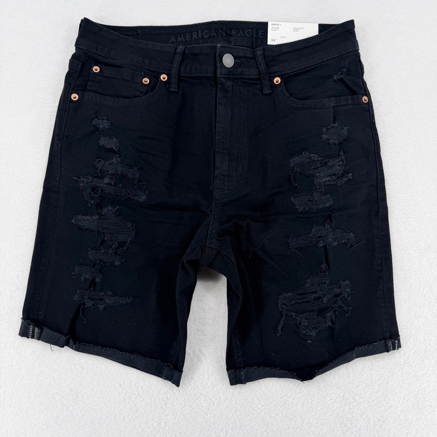 American Eagle AirFlex+ Black Distressed Jean Shorts 32 NWT