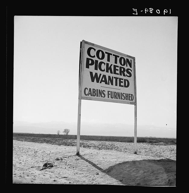 Kern County California 1939 Cotton Pickers Wanted Sign U.S. 99 Highway