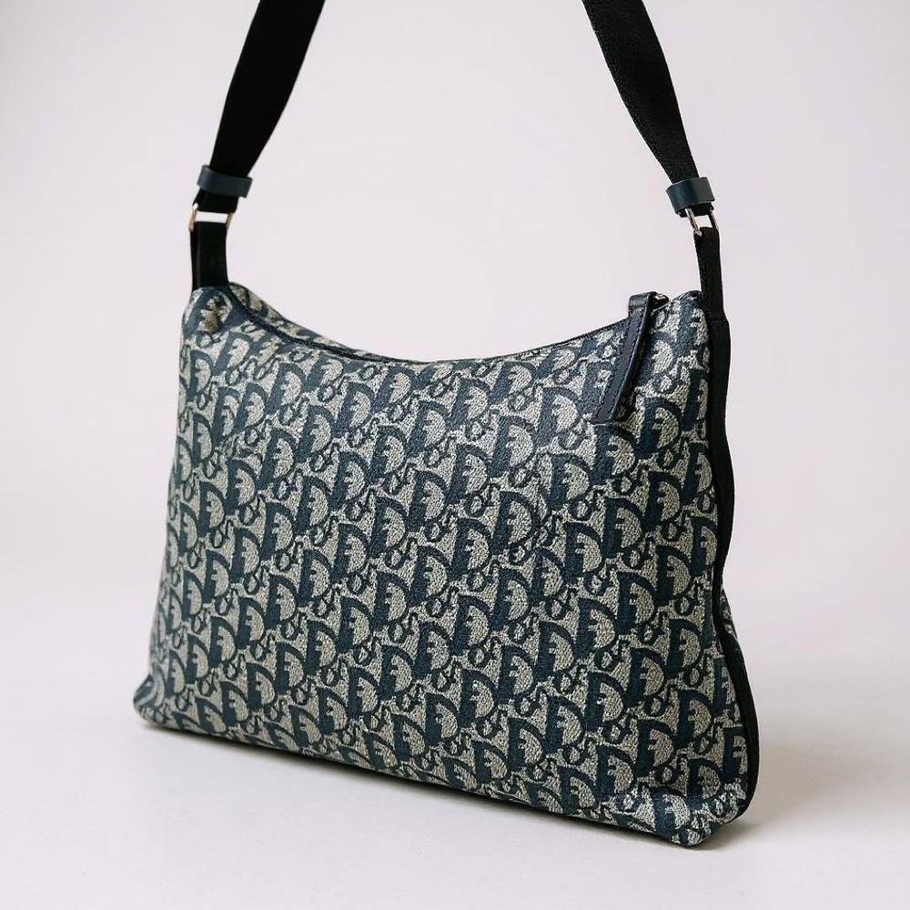 Vintage Christian Dior Trotter Canvas Navy Blue Shoulder Tote Bag