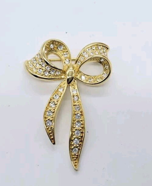 Napier Ribbon Bow Brooch Gold Tone Crystal Pin 2 in Stunning Vintage