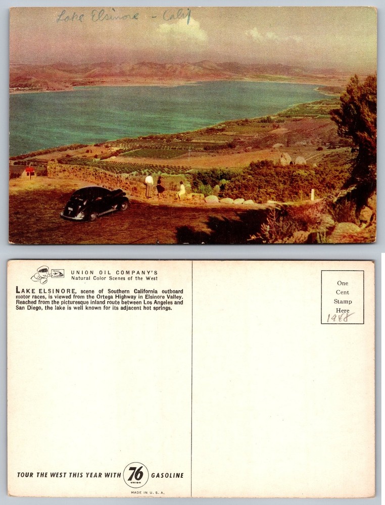 Vintage 1948 Lake Elsinore, California Ortega Hwy View 76 Gas Postcard