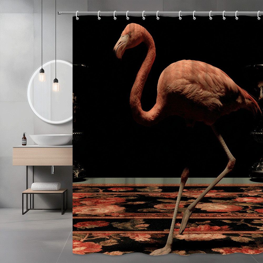 Flamingo Shower Curtain Black Background Floral Rug Print