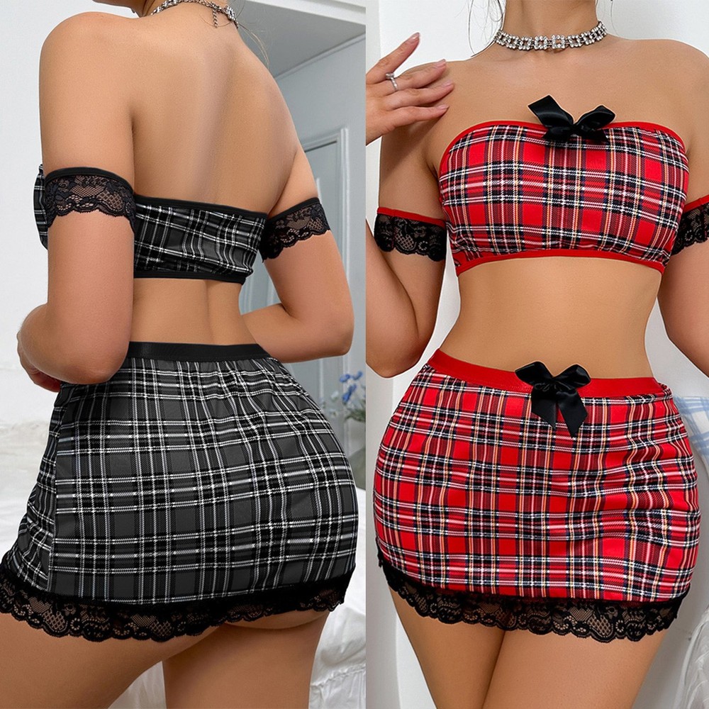 Sexy Women Lingerie School Girl Tank Crop Top+Short Skirt Bodycon Nightie Outfit