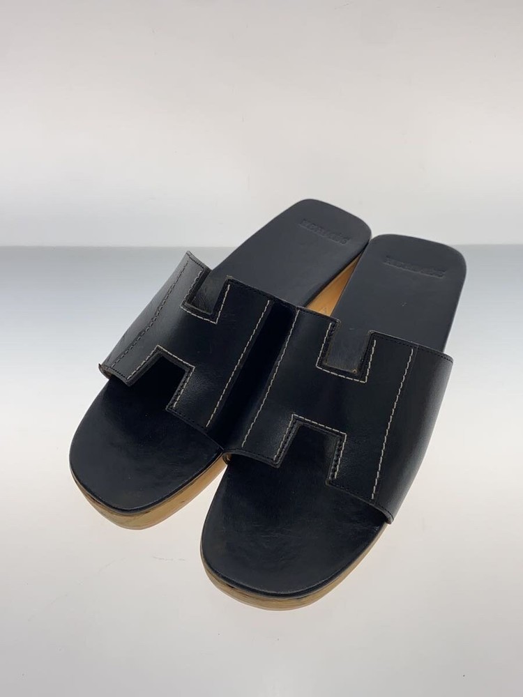 Authentic HERMES H Cut-out Black Leather Slip-On Sandals EU 35 Pre-Owned