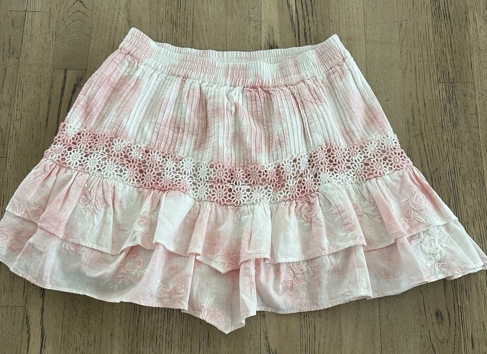 LoveShackFancy Small Skirt Tiered Ruffle Eyelet Crochet Pink White TieDye Cotton