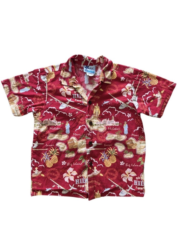 Vintage RJC Hawaii Boys Red Aloha Shirt Hilo Island Size 6 USA Cotton Tropical