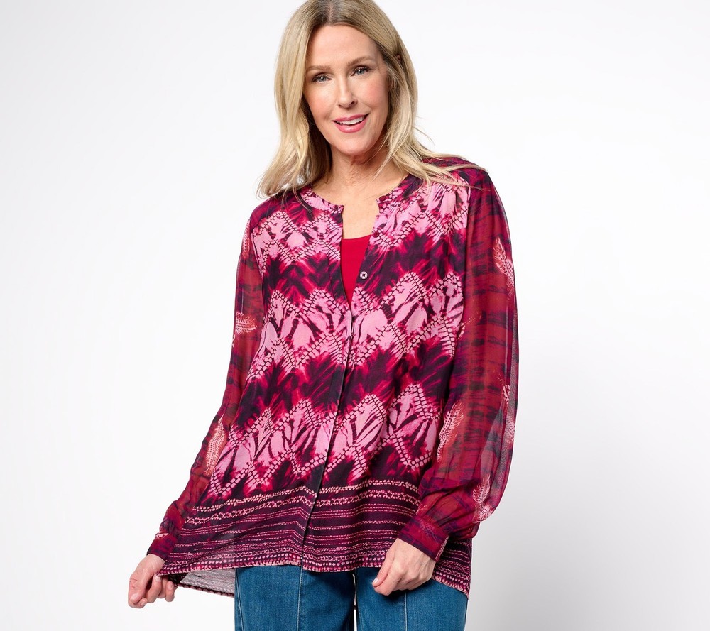 LOGO by Lori Goldstein Women's Top Plus Sz 2X Printed Chiffon Blouse Red A683836