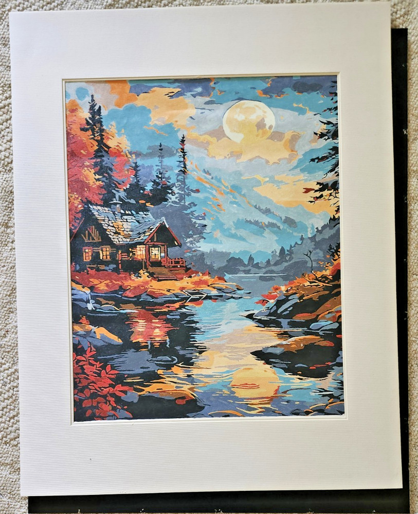 Vintage Paint by Number Landscape – Moonlit Cabin Lake Scene – matted 23 x 24