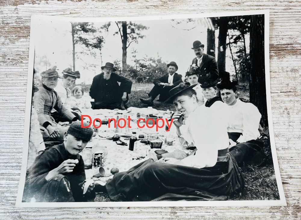 Antique 8 X 10 1800”s 1900”s Era Picnic Photo 12 People In A Forest
